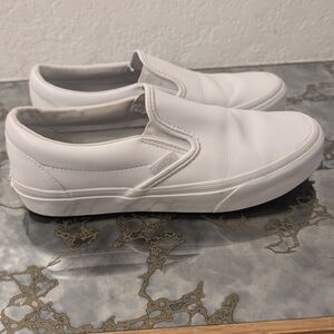 Vans Womans White Classic Leather Slip-On Shoes